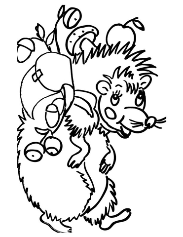 Hedgehog Carrying Apple Mushrooms And Berries  Coloring Page